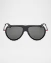Christian Louboutin Men's Lb0004m Metal Aviator Sunglasses In Shiny Black Front Gunmetal Over Red Enamel Temple Smoke Lens