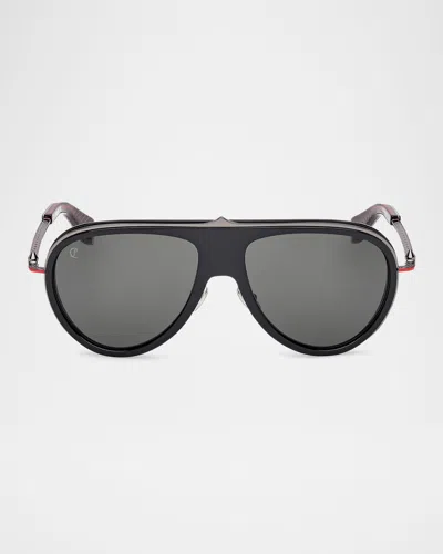 Christian Louboutin Men's Lb0004m Metal Aviator Sunglasses In Shiny Black Front Gunmetal Over Red Enamel Temple Smoke Lens