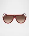 Christian Louboutin Men's Lb0004m Metal Aviator Sunglasses In Shiny Red Havana Shiny Black Front Pale Gold Over Red Enamel Te