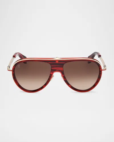 Christian Louboutin Men's Lb0004m Metal Aviator Sunglasses In Shiny Red Havana Shiny Black Front Pale Gold Over Red Enamel Te
