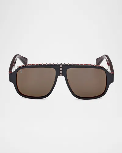 Christian Louboutin Men's Lb0005m Acetate Aviator Sunglasses In Shiny Black Over Red Shiny Gunmetal Smoke W Red Flash