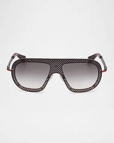 Christian Louboutin Men's Lb0012m Metal Shield Sunglasses In Shiny Gunmetal Gunmetal Red Enamel Smoke Gradient Lens