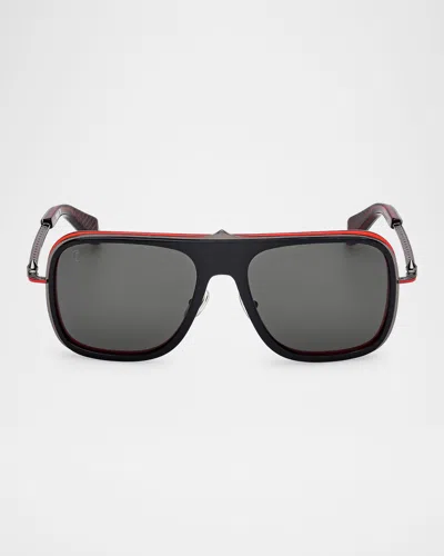 Christian Louboutin Men's Lb0013m Metal Aviator Sunglasses In Shiny Black Red Inside Gunmetal Red Enamel Smoke Gradient