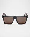 Christian Louboutin Men's Lb0014m Acetate Square Sunglasses In Shiny Black Shiny Pale Gold Smoke W Red Flash