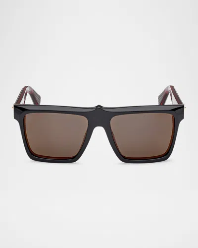 Christian Louboutin Men's Lb0014m Acetate Square Sunglasses In Shiny Black Shiny Pale Gold Smoke W Red Flash