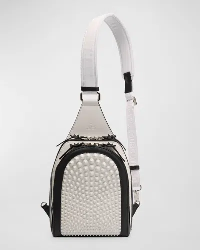 Christian Louboutin Men's Loubifunk Spikes Leather Sling Backpack In White-black/white/wh