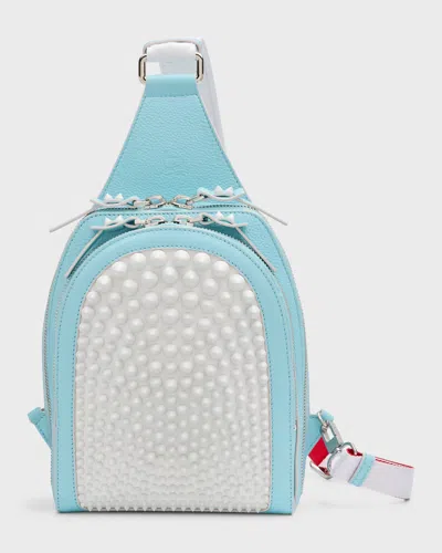 Christian Louboutin Men's Loubifunk Spikes Leather Sling Backpack In White-mineral/minera
