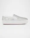 Christian Louboutin Spikeboat Leather Slip-on Sneakers In White/silver