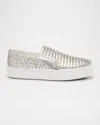 Christian Louboutin Spikeboat Leather Slip-on Sneakers In Silver/sv