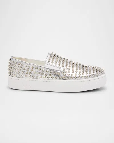 Christian Louboutin Spikeboat Leather Slip-on Sneakers In Silver