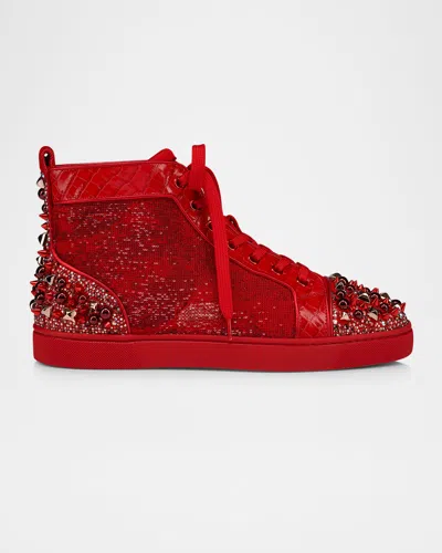 Christian Louboutin Men's Supertracks Sequin Multi-spike High-top Sneakers In Red