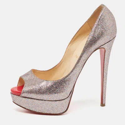 Pre-owned Christian Louboutin Metallic Glitter Lady Peep Toe Platform Pumps Size 38.5