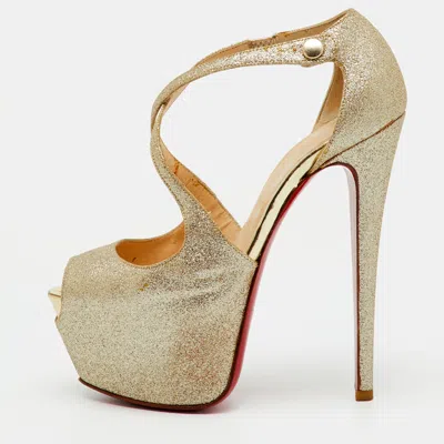 Pre-owned Christian Louboutin Metallic Gold Glitter Exagona Platform Sandals Size 36.5 In Silver