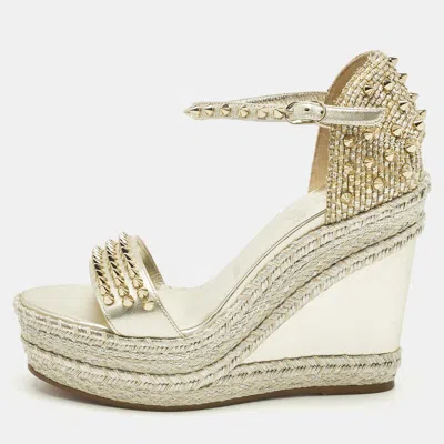 Pre-owned Christian Louboutin Metallic Gold Leather And Raffia Madmonica Espadrille Sandals Size 38