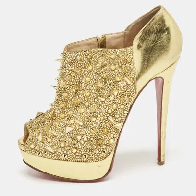 Pre-owned Christian Louboutin Metallic Gold Leather Bridget's Back Spike Peep Toe Booties Size 40