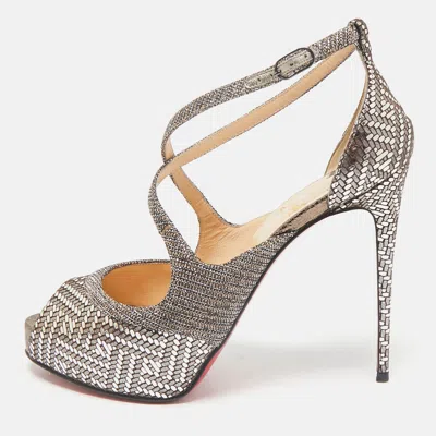 Pre-owned Christian Louboutin Metallic Lamé Fabric And Glitter Mira Bella Sandals Size 37.5 In Silver