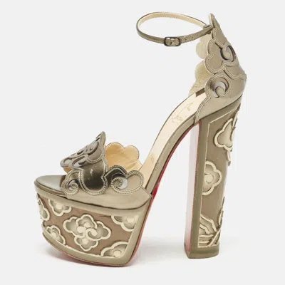 Pre-owned Christian Louboutin Metallic Leather Laser Cut Floral Overlay Houghton Platform Ankle Strap Sandals Size 37.5
