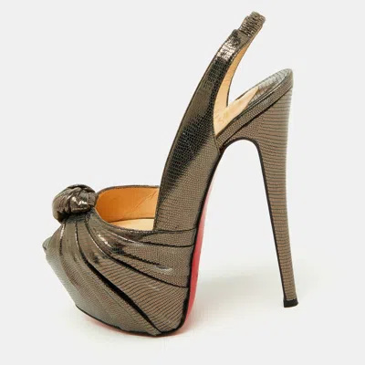 Pre-owned Christian Louboutin Metallic Lizard Embossed Leather Miss Benin Knotted Platform Slingback Sandals Size 37 In Silver