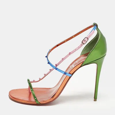 Pre-owned Christian Louboutin Metallic Multicolor Leather Riojana Spikes Sandals Size 38.5