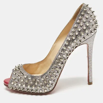Pre-owned Christian Louboutin Metallic Silver Glitter Yolanda Spike Peep Toe Pumps Size 38.5