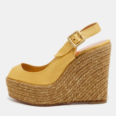 Pre-owned Christian Louboutin Metallic Yellow Satin Menorca Espadrille Wedge Pumps Size 38