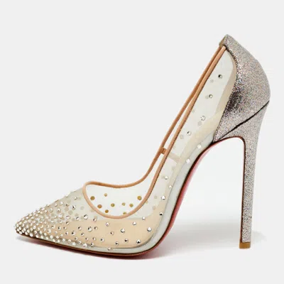 Pre-owned Christian Louboutin Metallic/beige Mesh And Velvet Follies Strass Pumps Size 38.5 In Silver