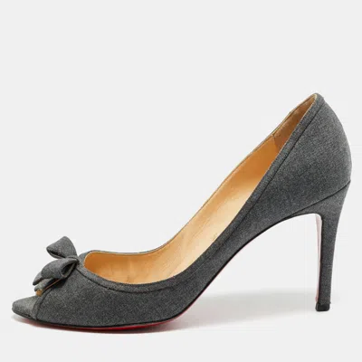 Pre-owned Christian Louboutin Milady Bow Size 41 Grey Denim Platform Pumps In Gray