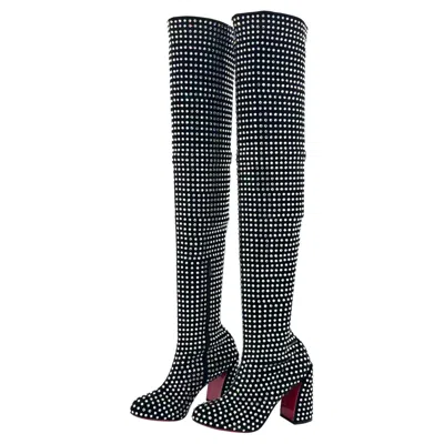 Pre-owned Christian Louboutin Miss Z Botta 80 Strass Thigh High Platform Boots 37.5 In Black
