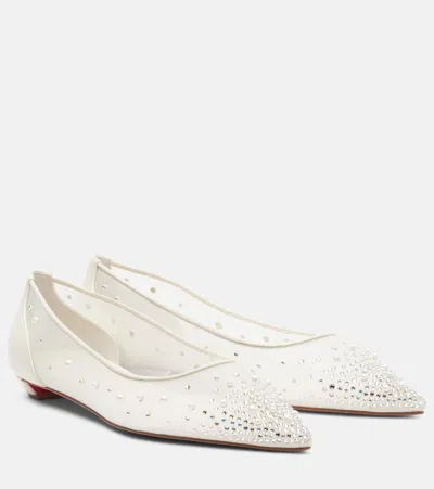 Christian Louboutin Miss Z Degrastrassina Leather-trimmed Embellished Mesh Point-toe Flats In White