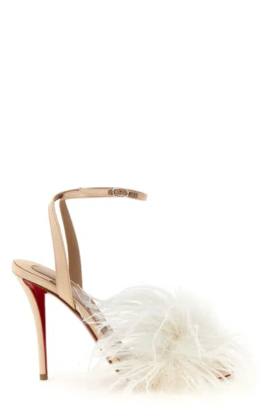 Christian Louboutin Miss Z Poupi 100 Feather-embellished Satin Sandals In White