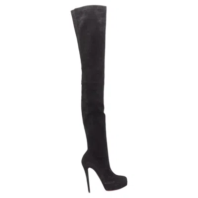 Pre-owned Christian Louboutin Monicarina 160 Suede Over Knee Platform Thigh High Boots In Black
