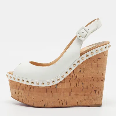 Pre-owned Christian Louboutin Monico Size 36.5 White Leather Cork Platform Wedge Pumps