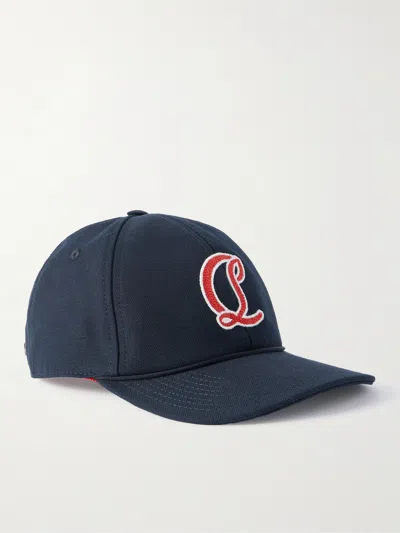 Christian Louboutin Mooncrest Ivy Logo-embroidered Leather-trimmed Cotton-canvas Cap In Blue