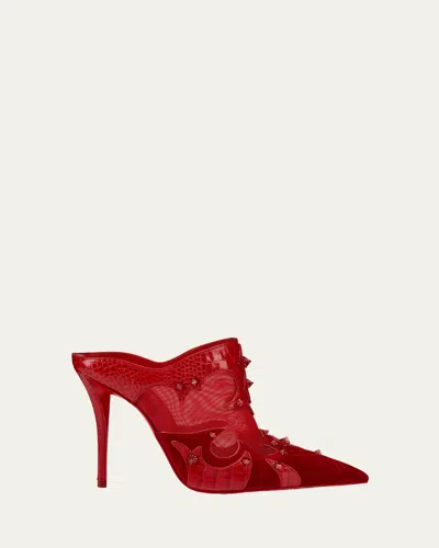 CHRISTIAN LOUBOUTIN MULATIAG SUEDE MESH RED SOLE MULE PUMPS