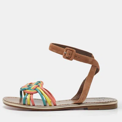 Pre-owned Christian Louboutin Multicolor Braided Leather And Suede Ella Flat Sandals Size 40