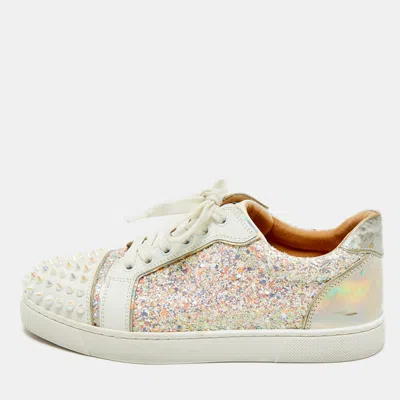 Pre-owned Christian Louboutin Multicolor Glitter And Leather Louis Junior Spikes Low Top Sneakers Size 37.5