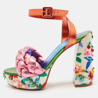 Pre-owned Christian Louboutin Multicolor Leather Floral Embellished Platform Ankle Strap Sandals Size 39.5