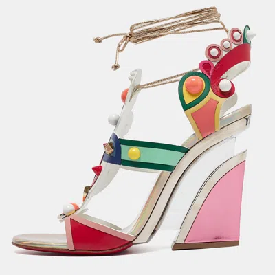 Pre-owned Christian Louboutin Multicolor Leather Papagaya Levita Wedge Ankle-wrap Sandals Size 39