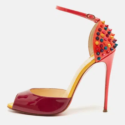 Pre-owned Christian Louboutin Multicolor Patent Leather Pina Spike Ankle Strap Sandals Size 38.5