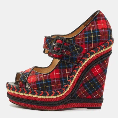 Pre-owned Christian Louboutin Multicolor Tartan Print Wool Blend Lady Daf Wedge Pumps Size 38.5