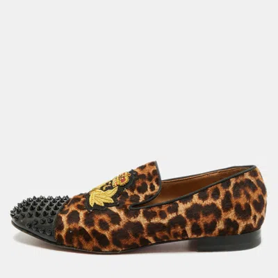 Pre-owned Christian Louboutin Nanou Crest Size 42 Black/brown Calf Hair And Patent Leather Smoking Slippers
