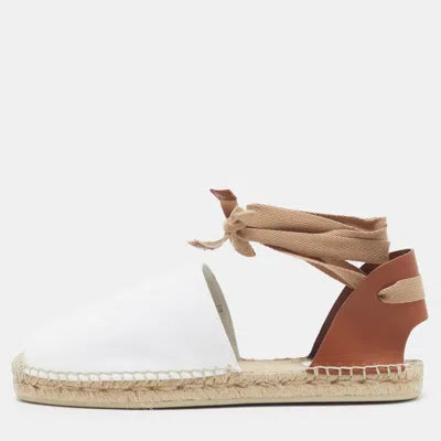 Pre-owned Christian Louboutin Nanou Size 39 White/brown Canvas And Leather Ankle Tie Espadrille Flats