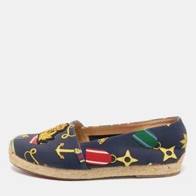 Pre-owned Christian Louboutin Navy Blue Medal Printed Canvas Galia Espadrille Flats Size 36