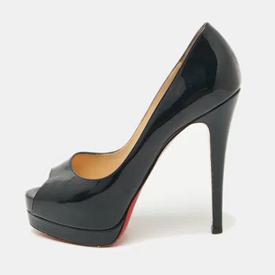 Pre-owned Christian Louboutin Navy Blue Patent Leather Lady Peep Toe Platform Pumps Size 37