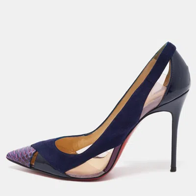 Pre-owned Christian Louboutin Navy Blue Suede And Python Leather Galata Pointed Toe Cutout Pumps Size 37.5