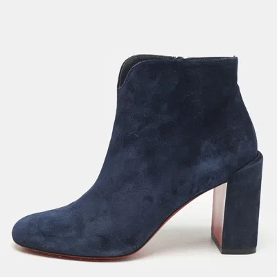 Pre-owned Christian Louboutin Navy Blue Suede Castarika Ankle Length Boots Size 38