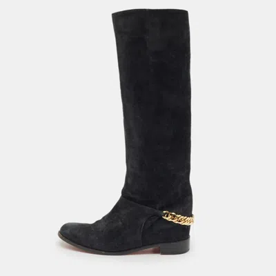 Pre-owned Christian Louboutin Navy Blue Suede Cate Chain-trimmed Calf-length Boots Size 37 In Gray