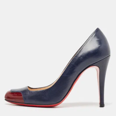 Pre-owned Christian Louboutin Navy Blue/burgundy Leather And Patent Lady Grant Pumps Size 36