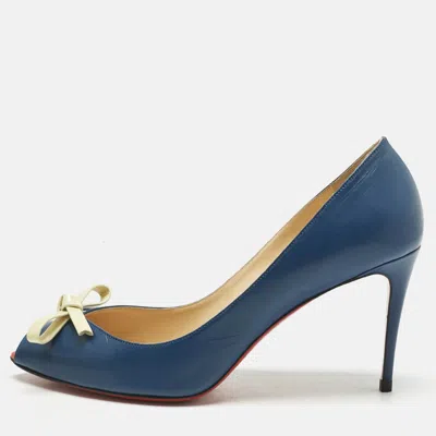 Pre-owned Christian Louboutin Navy Blue/cream Leather Tibunodo Bow Peep Toe Pumps Size 40