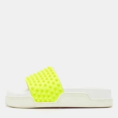 Pre-owned Christian Louboutin Neon Yellow Leather Spikes Pool Fun Flat Slides Size 40